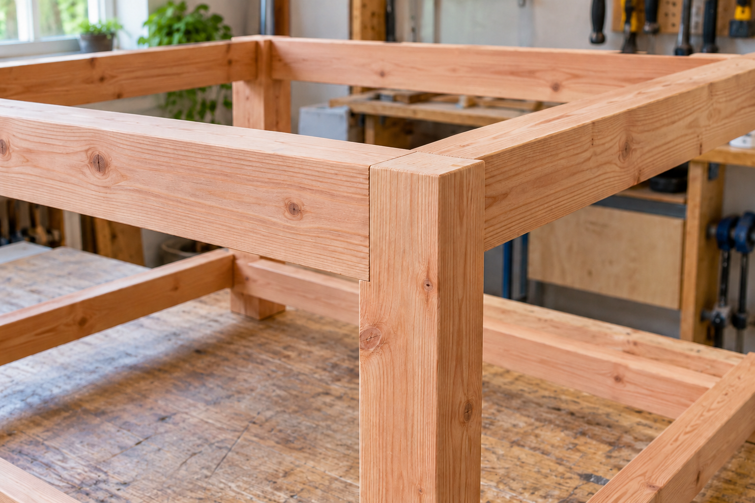 Detail van een houten frame met een staander en twee liggende balken op de hoek van een werkmeubel