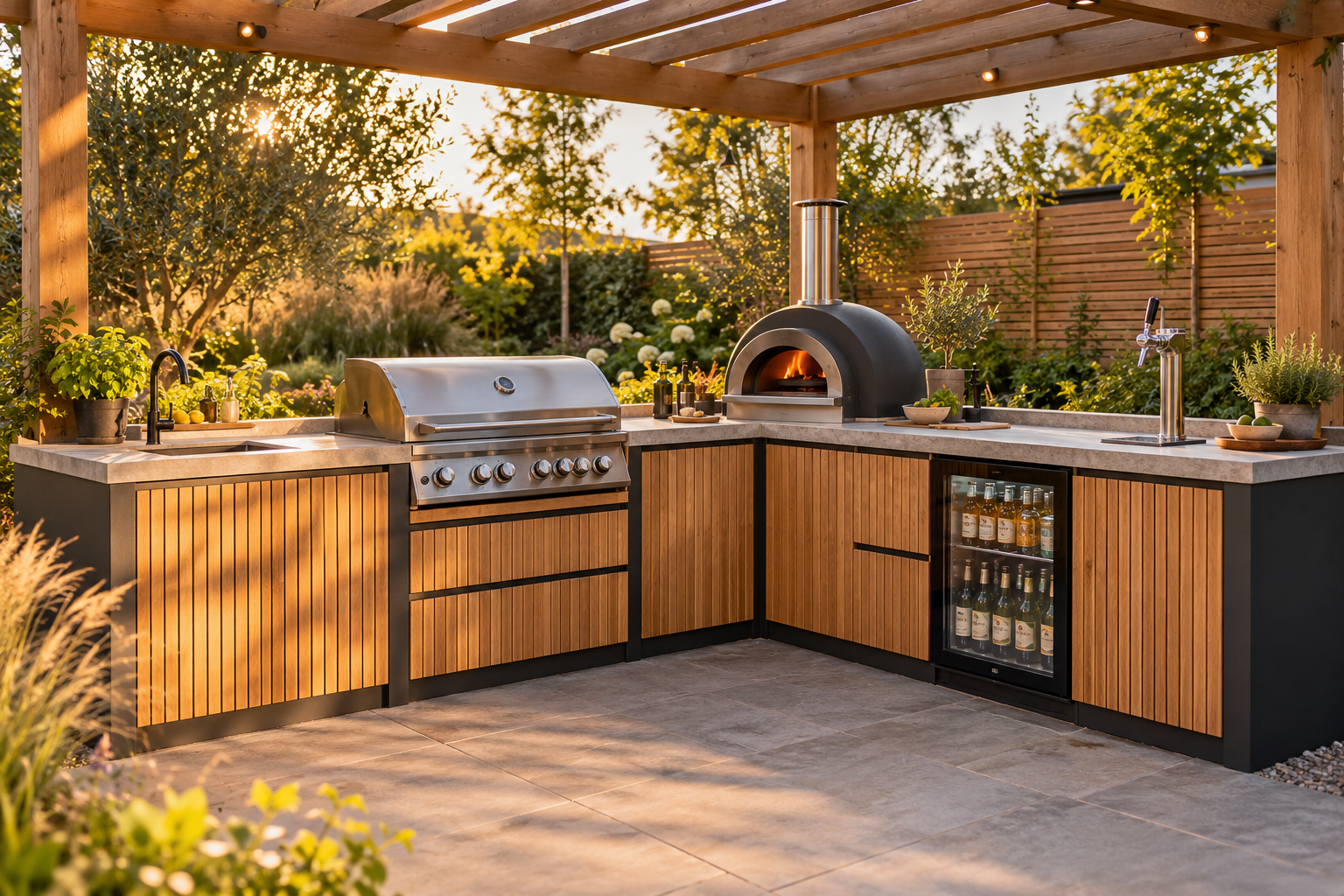 Luxe houten buitenkeuken met ingebouwde barbecue, pizzaoven, stenen aanrecht, drankenkoelkast en biertap